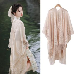 OKONOK Pure Color Lace Cardigan Thin Cotton Linen Long Cloak Hollow Out Shawl Silk Neckwear Lightweight Drapey Beach Scarf Spring Summer