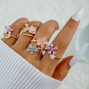 FLYING 4Pcs Irregular Flower Open Rings Zircon Gold Color Zirconia Ring  Geometric Small Flower Ring Sets Gifts