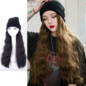 65cm Women With Black Wool Cap Water Ripple Corn Perm Long Curly Hair Wig Cap Natural Fashionable Convenient Wig Hair