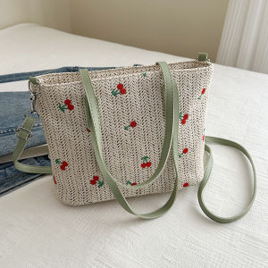 Yaababy Cherry Straw Woven Tote Bag Fashion Shoulder Bag Large Capacity Casual Satchel Bag Adjustable Strap for Outdoor Travel
