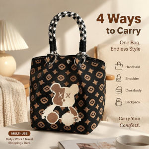 Knitted Tote Bag Cute Cartoon Bear Shoulder Handbag Korean Style Casual Womens Bag Soft Yarn