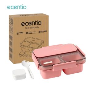 ECENTIO Blue Lunch Box 1150ml Sekat 3 dengan Kotak Sauce BPA Free Tempat Makan
