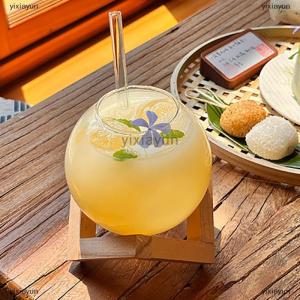 [COD] yixiayun Cocktail Cup With Wood Stand Creative Bar ware Drink Cup Ronud Ball Cocktail Mug Fruit Moon Juice Tumbler