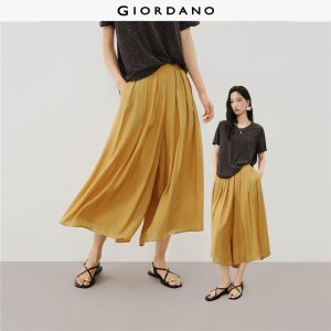 Giordano Women Pleated wide leg ankle length culotte pants Free Shipping 18426606