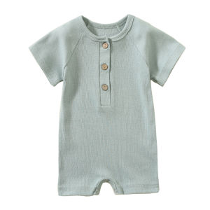 Short Sleeves Plain Jumpsuit for Babies Wood Accent Button Down Cotton Onesie Baby Clothes Cropped