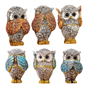 ชุดรูปปั้นนกฮูกเรซิ่น3ชิ้นโดดเด่นไม่ซ้ำใครได้ยินไม่เห็นพูดไม่พูดเครื่องประดับตุ๊กตาสัตว์สำหรับตกแต่งโต๊ะบ้านและสำนักงาน