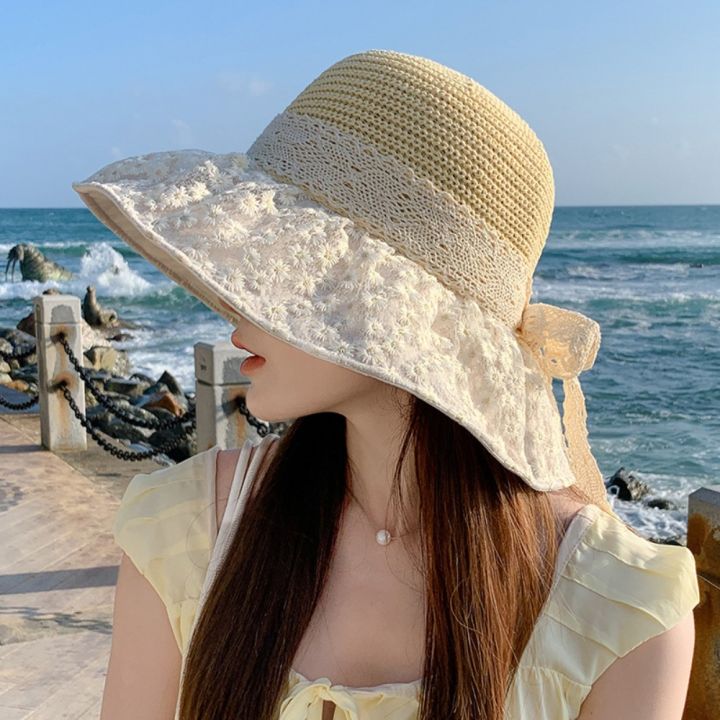 GIGI Flower Lace Straw Hat Ribbon Wide Brim Sun Protection Cap Sweet ...