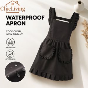 ChicLiving Kitchen Cooking Apron Korean Princess Lace Ruffle Waterproof Cotton Double Pockets Anti Fouling