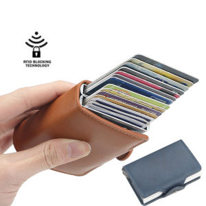 Baellerry Credit Card Holder 2021 New Double-Layer Aluminum Box Card Wallet RFID PU Leather Pop-up Card Case Magnet Carbon Fiber Coin Purse