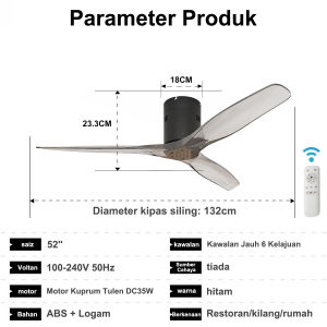 52" ceiling fan light + fan 2-in-1 6 speeds remote control reversible/timer function silent DC motor strong wind low noise