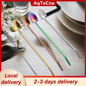 [COD] AqToCna Ship within 24 hours Stainless Steel Mix Drinking Spoon Straws Creative Ice Cream Kitchen Utensil Barware Shovel Spoon Shaped Straws