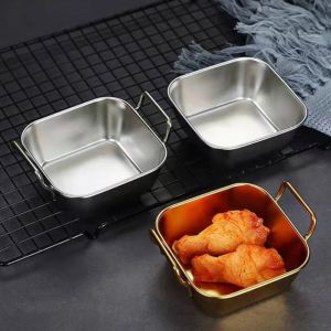 CHENJIE Square Korean Stainless Steel Plate With Handle Durable Flat Dish Basket Silver and Gold Fried Food Trays Home