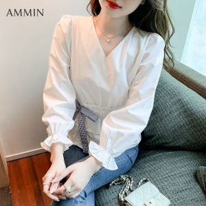 AMMIN 2023 fall design sense waist slimming long-sleeved chiffon blouse Korean fashion temperament V-neck loose versatile bubble sleeve Tops