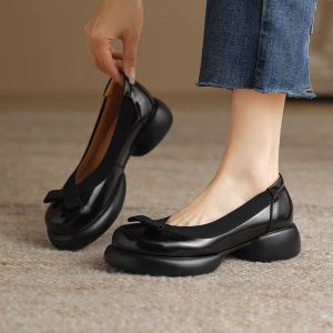 French Small Fragrance Wind Platform Single Shoes Womens Spring and Summer New Real Soft Leather Round Toe Bow Soft-soled Pumps
