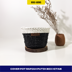 HUGeARNS - Cover Pot Anyaman Rapiah Putih Mix Hitam / Cover Pot Ayaman / Cover Pot Rapiah Kombinasi Anyaman Pot / Cover Vas Bunga Hias Cover Pot Bunga Anyaman Tali Rapiah Kombinasi / Cover Pot Anyaman Natural Rapiah Ramah Lingkungan / Anyaman Jogja