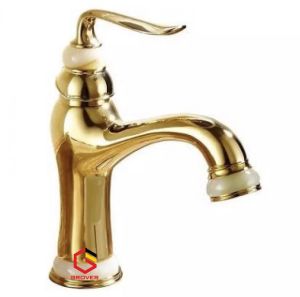 VÒI RỬA MẶT LAVABO MẠ VÀNG CONG ĐÍNH ĐÁ THÂN CAO 30 cm và thân thấp 20 cm 8766