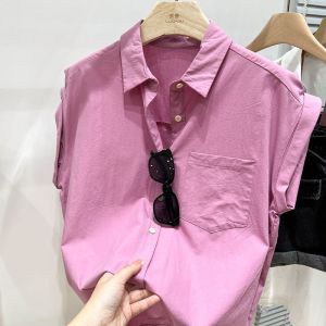 Womens Pure Cotton Shirt Summer New Casual Loose Collar Sleeveless Shirt Versatile Solid Color Top