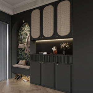 Solid Wood & Curved Glass Integrated Entryway Shoe Cabinet Modern Luxury Design HDB Condo Landed Custom All Sizes Professional Delivery