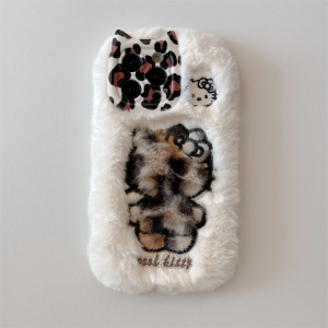 Soft Cartoon Fluffy Hello Kitty Plush Cat Ears Phone Case For iPhone 16 15 14 13 12 11 Pro Max Plus Warm Winter Furry Fur Cover