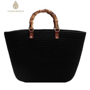 Trendy Womens Tote Bag with Durable Cotton Woven Material and Bamboo Handles for Everyday Use
