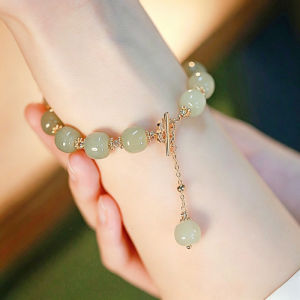 Chinese Style Vintage Hetian Jade Beads Bracelet Gold Four-leaf Bracelet Elegant Bangles for Women