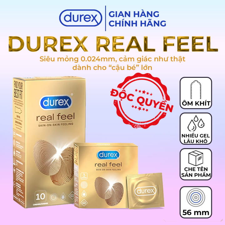 [CHE TÊN] Bao Cao Su Durex Real Feel Siêu Mỏng 0.024mm Siêu Chân Thật Mỏng Như Không Size 56mm - Ba Con Sói For Man