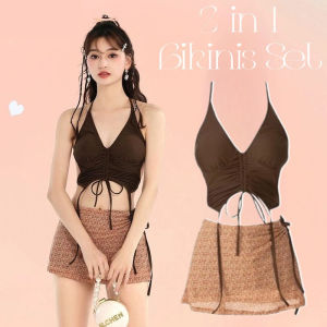 2in1 Bikinis Set Separated Brown Color Swimsuit with Wrap Skirt Casual Halter Neck Swimsuit