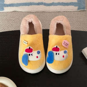 XIXITIAO รองเท้าแตะผ้าฝ้ายกันสีสำหรับบ้านแสนสนุกรองเท้าคุณแม่คู่ลูกสุนัขน่ารักฤดูหนาวรองเท้าขนสัตว์คู่อบอุ่นแบบปิดสำหรับผู้ชายและผู้หญิง