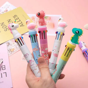 Cute Cartoon 10-Color Ball Point Pen Student Push  Type Colored Pen Multi-function