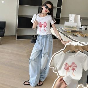 COD Denim Short For Kids Girls 6-15yrs Bow Embroided Denim Cropped Pants Loose Jogging Pants Maong Shorts Summer Soft Korean Style Cute Design