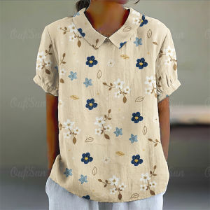 2025 Cotton Linen Shirts Womens Floral Shirts Pure Cotton T-Shirts Hawaiian Shirts Loose Collar Shirts Simple And Versatile Casual Womens Clothing