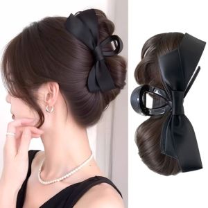 YOCKY Búi tóc Bộ tóc giả búi hoa Kẹp móng vuốt Nơ đen Phần tóc giả Thanh lịch Tự nhiên Tóc giả đầu tròn Phụ nữ