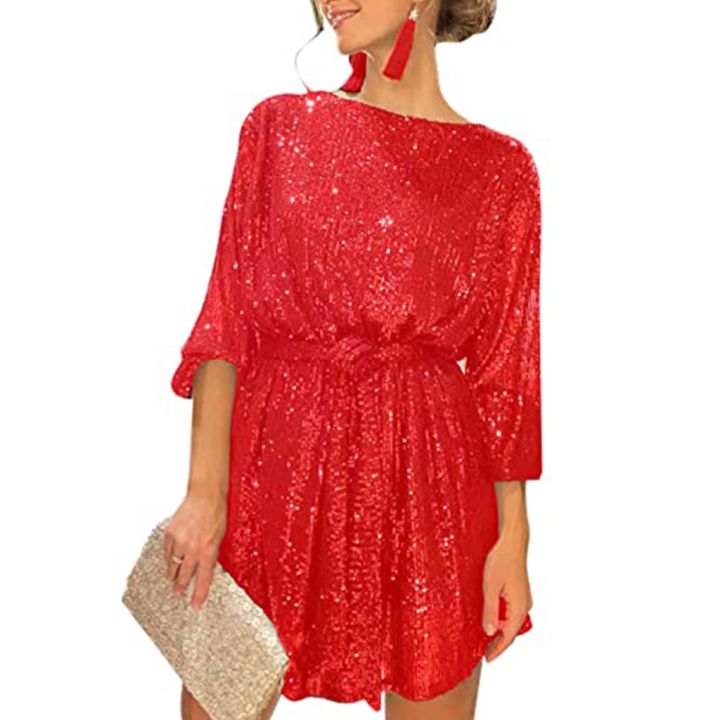 Womens Puff Long Sleeve Glitter Sequin Dress with Belt Evening