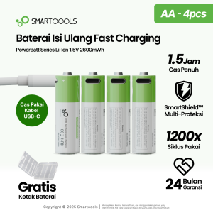 Baterai Cas Isi Ulang 4pcs Smartoools PowerBatt Ukuran AA Voltase 1.5V dengan port Type-C USB Rechargeable Lithium Ion Battery Isi Ulang 1200 Kali Bonus Casing Baterai