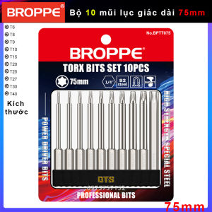 Bộ SET mũi hoa thị có lỗ trợ lực BROPPE đủ size | Bộ mũi vít hoa thị chuôi lục giác ngắn 6.35mm nam châm từ tính thép S2 siêu bền chân 1/4"