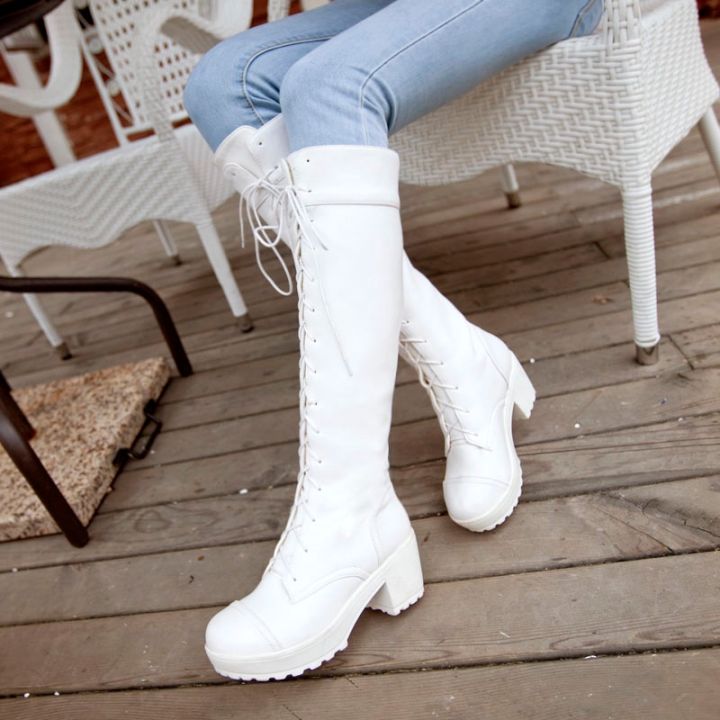 Tall white hot sale boots heels