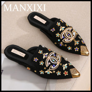 MANXIXI Women Fashion Loafers Slippers Beautiful Pearls Inlay Flat Mules Sandals (Size 35-41)