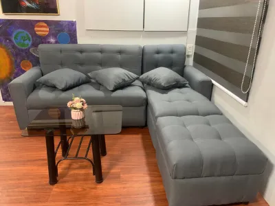 sala set L shape grey fabric sofa with glass table uratex foam cod !!!