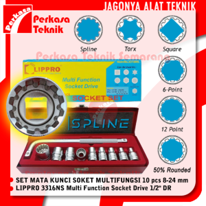LIPPRO 3316NS Kunci Soket Spline Serbaguna 10 pcs 8 - 24 mm 1/2" DR Multi Function Socket Drive Set