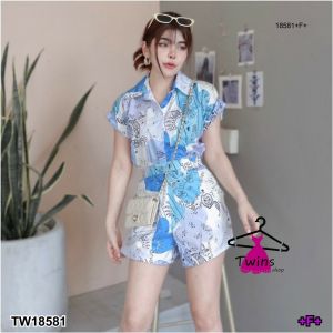 TW18581 set 2 ชิ้น เสื้อแขนเบิ้ล พิมพ์ลาย + กางเกงขาสั้น พิมพ์ลาย