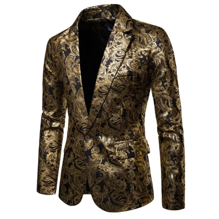 Men's golden floral blazers business casual suit wedding dress gold blazer  coats jackets