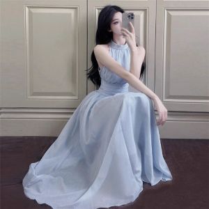 Blue Halter Dress for Women Elegant Temperament Waist Retraction A-line Dress Beach Midi Dress #COD