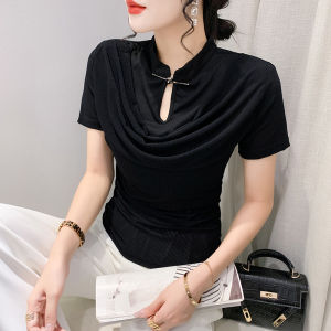 YIMEI เสื้อยืดผู้หญิงสีดำเข้ารูปพอดีและบางเฉียบ2023ฤดูใบไม้ผลิ/ฤดูร้อนเสื้อยืดเสื้อสไตล์แขนสั้นประจำชาติดีไซน์ใหม่กระดุมติดสไตล์วินเทจ