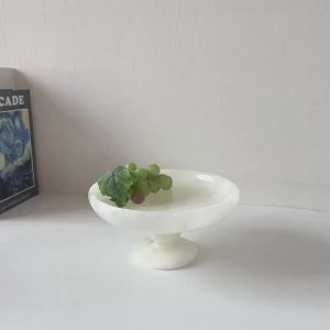 FFBH Natural Marble Fruit Plates Vintage High Footed Snack Plate Stylish Elegant Stone Art Dining Plate Exquisite Stone Tableware Q3P9R