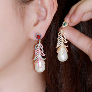 SEQUITO Tuyên Bố Châu Âu Bông Tai Lông Vũ Zirconia Siêu Nhỏ Mạ Vàng 916 Bông Tai Dài Đính Ngọc Trai Nước Ngọt Trang Sức SE392