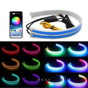 12V 2PCS DRL Car LED Daytime Running Light APP Control Flexible RGB Symphony Flowing Turn Signal Strip Headlight Decorative Lamp
