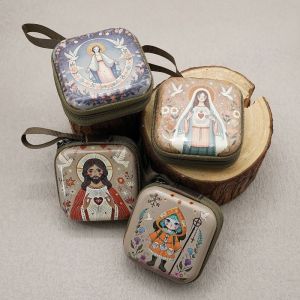 NOCASE 7x7cm ถุงเก็บลูกประคำสวดมนต์ ซิปซิปรูด Virgin Mary บทความเกี่ยวกับศาสนา แบบพกพาได้ การ์ตูนลายการ์ตูน ของขวัญคริสเตียน อุปกรณ์สำหรับสาวก