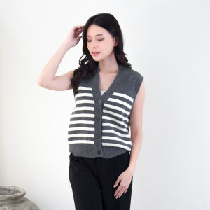 QUEENTIN Vest Wanita Rajut 881 Mix Knit Motif Salur Tanpa Lengan