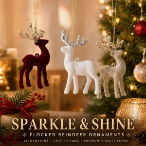Christmas Reindeer Hanging Ornament Glitter Antlers Flocked Deer Pendant For Tree Wreath Decor
