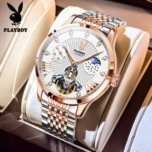 PLAYBOY® Mens Automatic Skeleton Mechanical Watch -Waterproof Black Dial with Rose Gold Roman Numerals & Diamond Markers Skeletonized Movement Revealing Blue Sapphire Gear Train | Fashion Stainless Strap
